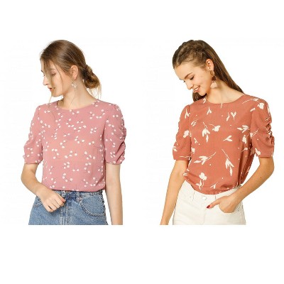 Allegra K Women's Floral Summer Crew Neck Casual Shirred Short Sleeve Blouse 2 Pcs