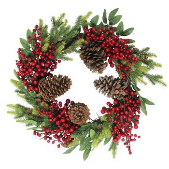 Northlight 22" Unlit Artificial Pine Cone, Red Berry, and Pine Sprig Christmas Wreath