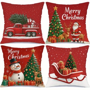 Lomsoe 4pcs Festive Christmas Throw Pillow Covers - Red Truck, Christmas Tree, Santa Claus with "Merry Christmas" - Zippered for Holiday Home Decor - 1 of 4