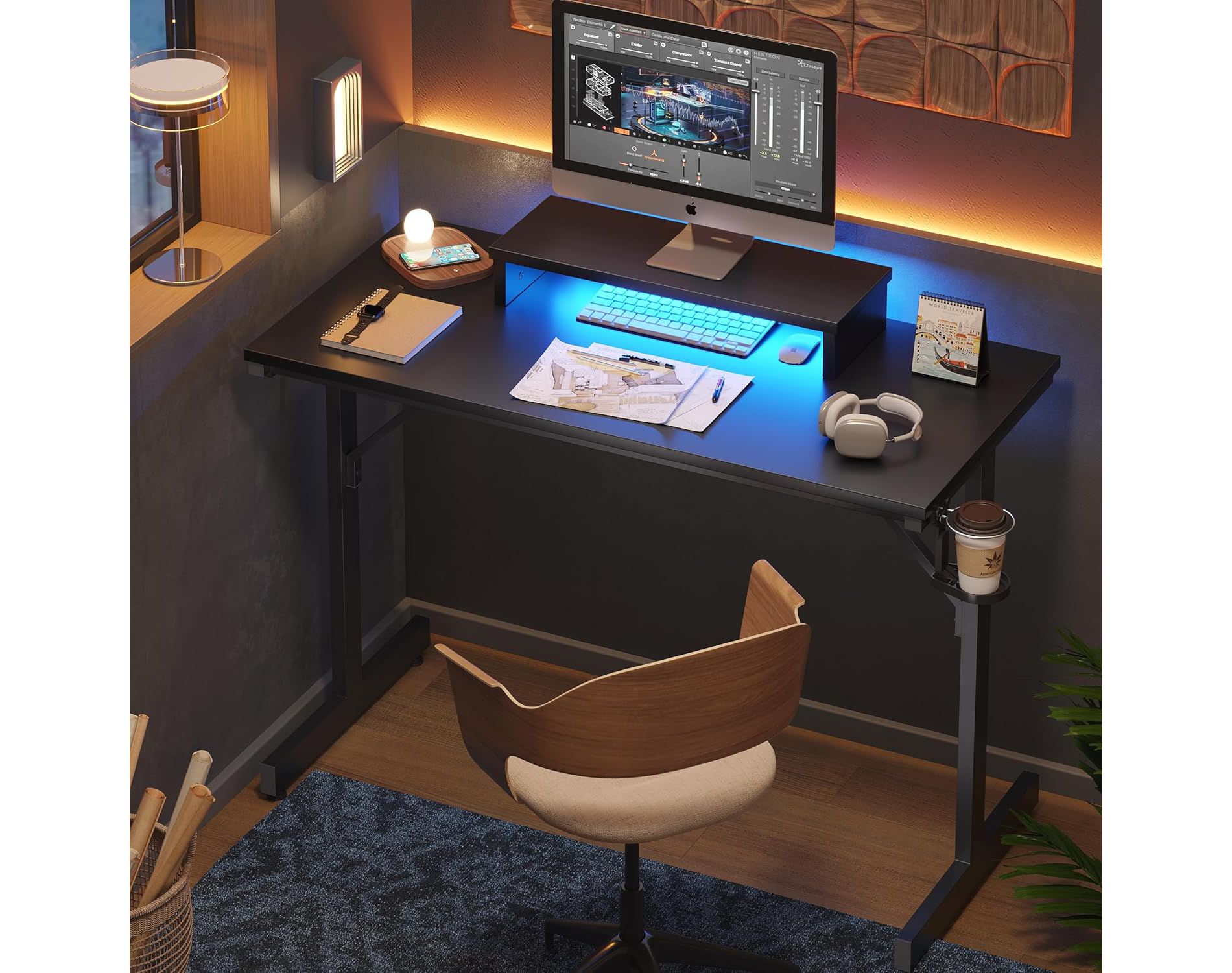 Bestier Gaming Desk 42" Small Computer Desk for Home Office with LED Lights & Monitor Stand