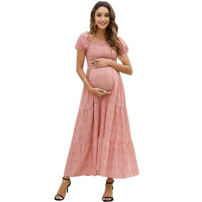 Coolmee Women's Summer Maternity Midi Dress Casual Puff Short Sleeve Square Neck Smocked Tiered Ruffle Sundresses