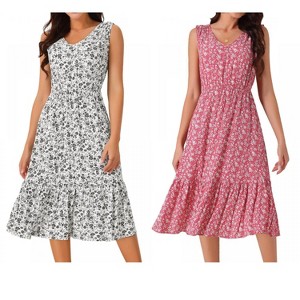 INSPIRE CHIC Women's Summer Boho Beach V Neck Sleeveless Floral Flowy Tiered Midi Dress with Pockets 2 Packs - 1 of 4