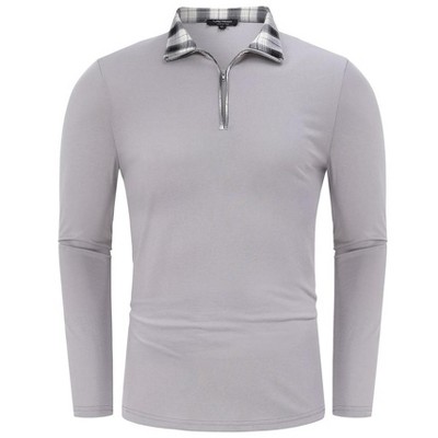 WhizMax Men's Patchwork Plaid Zip-up Long Sleeve Polo Shirt