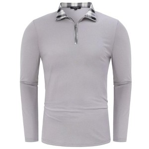 WhizMax Men's Patchwork Plaid Zip-up Long Sleeve Polo Shirt - 1 of 4