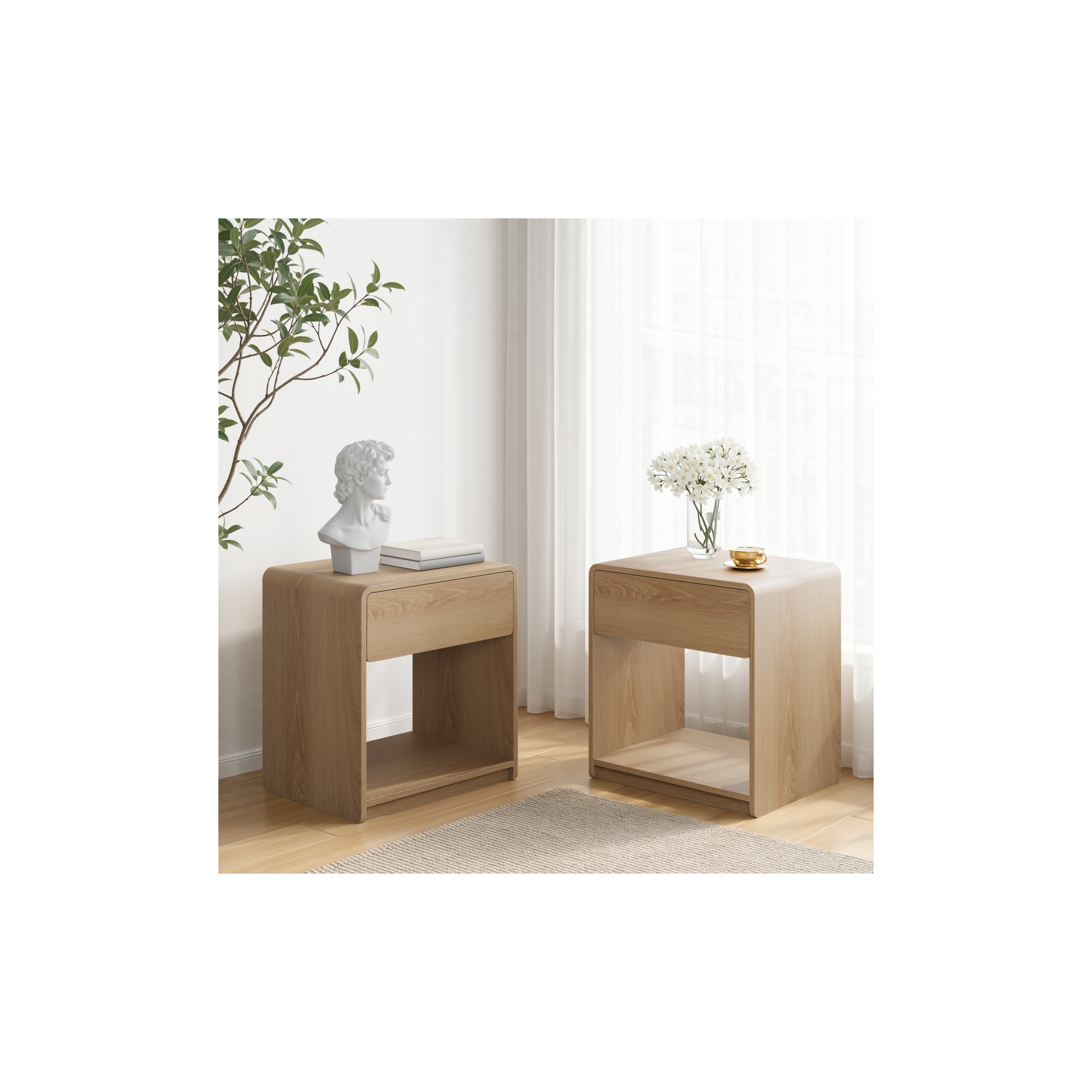 Modern Nightstand Set of 2, Oak Bedside Tables with Drawers and Open Storage Shelf for Bedroom and Living Room-Panipeachy