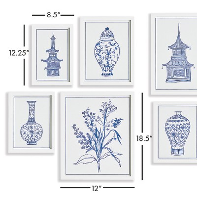 Traditional Blue and White Chinoiserie Print Set with Wood Frames