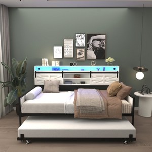 Racxily Twin Daybed with Trundle, Farmhouse Daybed Frame with Sliding Barn Door Headboard and Charging Station & LED Light for Bedroom and Guest Room - 1 of 4