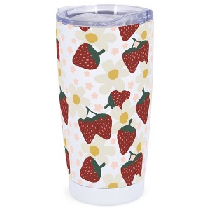 Elanze Designs 20 oz Stainless Steel On the Go Insulated Travel Tumbler With Push Top Lid, Strawberry & Daisy Print White - 1 of 4