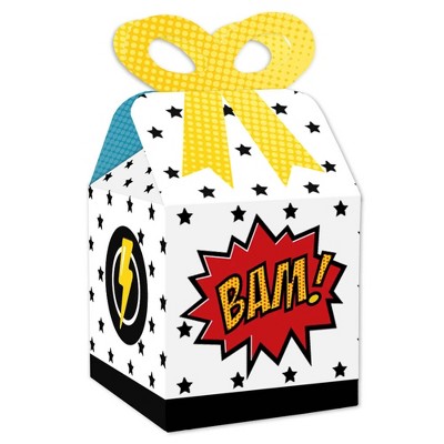 Big Dot of Happiness Bam Superhero - Square Favor Gift Boxes - Baby Shower or Birthday Party Bow Boxes - Set of 12