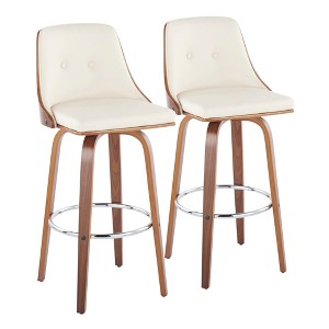 Set of 2 30" Faux Leather Mid-Century Modern Barstools with Wood Legs, Round Metal Footrest, and 360¡ã Swivel for Kitchen - 1 of 4