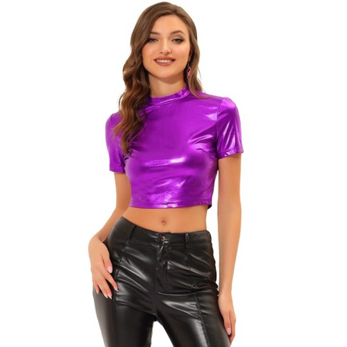 Allegra K Women's Sequin Shiny Glitter Crop Short Sleeves Tassel T-shirt :  Target