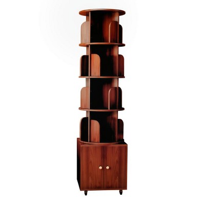 PDTEND 5-Tier 360° Rotating Corner Bookcase with Double Door Drawer for Small Spaces in Bedroom or Living Room