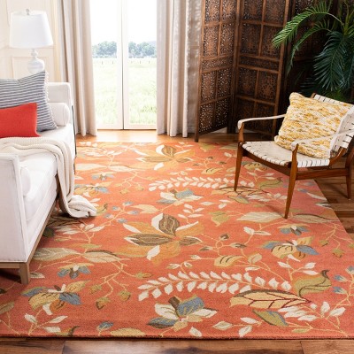 Rust and Multicolor Floral Wool 8' x 10' Handmade Area Rug
