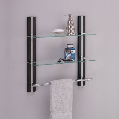 Dark Wood and Glass 2-Tier Bathroom Shelf with Chrome Towel Bar