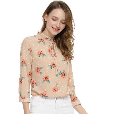 Allegra K Women's Ruffled Tie Neck Long Sleeves Floral Polka Dots Blouse Tops