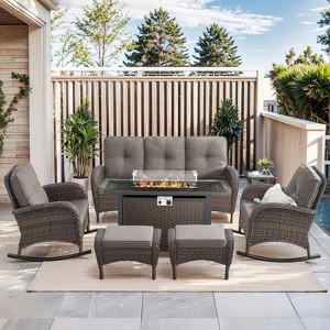 Buenhomino Patio Furniture Set,7 Piece Patio Furniture Set with Fire Pit Table,PE Wicker Patio Conversation Set with Rocking Chairs - 1 of 4