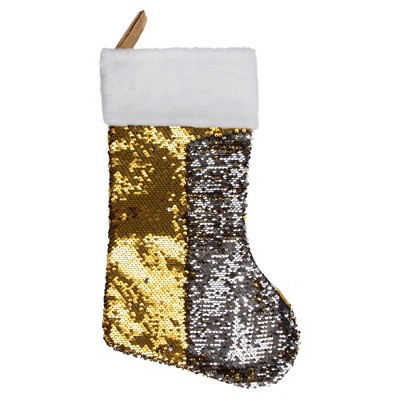 Gold and Silver Sequin Christmas Stocking with White Faux Fur Cuff