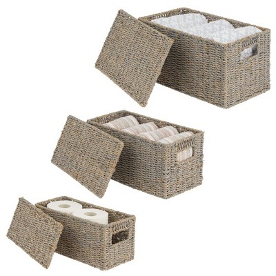 Gray Seagrass Rectangular Storage Baskets with Lids, Set of 3
