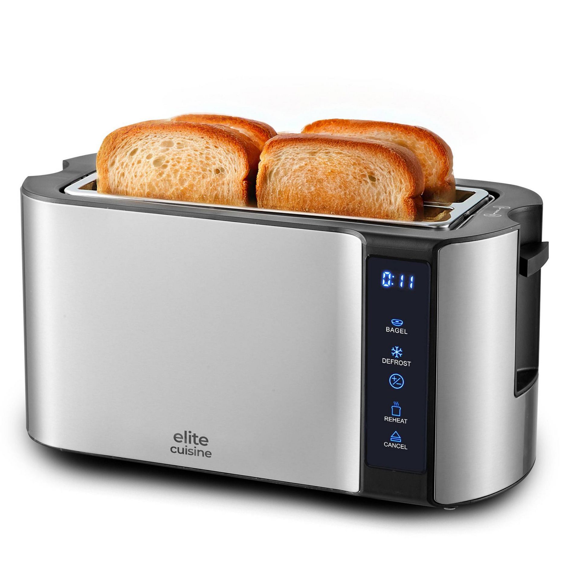 Elite Cuisine Stainless Steel 4 Slice Touch Screen Long Slot Toaster with Bagel Function