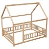 Full Size Floor Wooden Bed with House Roof Frame, Fence Guardrails Nartural - 4 of 4