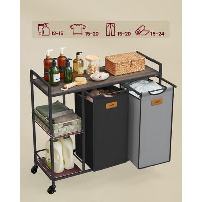 Chestnut Brown and Gray Steel Rolling Laundry Sorter with Shelves