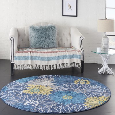 Blue and Yellow Floral Round Synthetic Area Rug, 5'3"