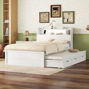 Okak Platform Bed Frame with Trundle Upholstered Storage Headboard  and Drawers Wooden Platform Bed with LED Light Noise-Free - 1 of 4