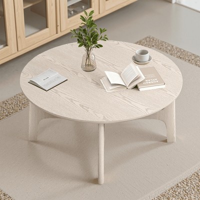 MAYEERTY 39-Inch White Round Coffee Table - Wood Tabletop & Cross Frame for Living Room & Hallway