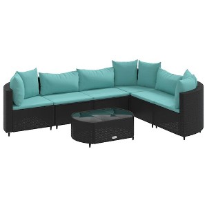 vidaXL Patio Sofa Set with Cushions Lounge Setting Outdoor Furniture Poly Rattan - Black and Blue 6-Piece - 1 of 4