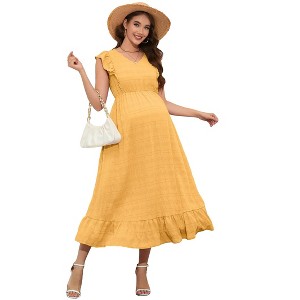 Coolmee Women Summer Maternity Maxi Dress Casual V Neck Ruffle Sleeve Tiered A Line Flowy Long Sundress with Pockets - 1 of 4