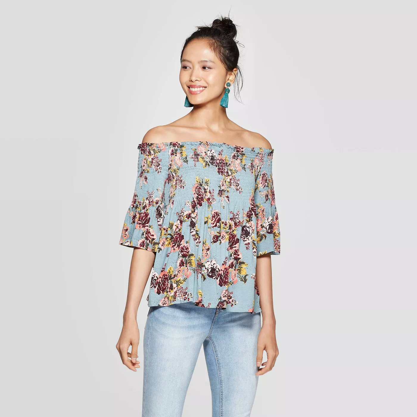 Women's Floral Print 3/4 Sleeve Off the Shoulder Knit Top - Xhilarationâ„¢ Light Blue - image 1 of 2