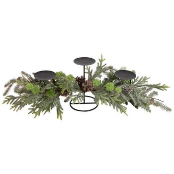 Northlight 26" Triple Candle Holder with Frosted Foliage and Pine Cones Christmas Decor