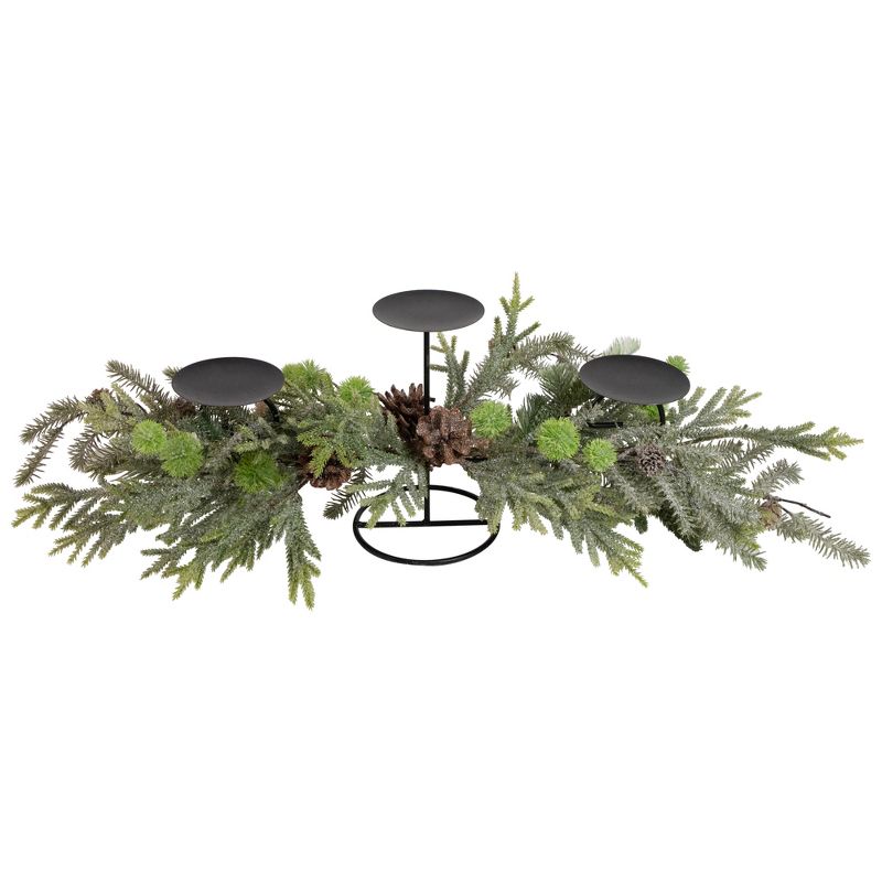 Northlight 26" Triple Candle Holder with Frosted Foliage and Pine Cones Christmas Decor, 1 of 6