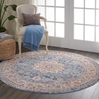 Vintage Kashan Round Blue Synthetic Persian-Inspired Rug, 6 ft