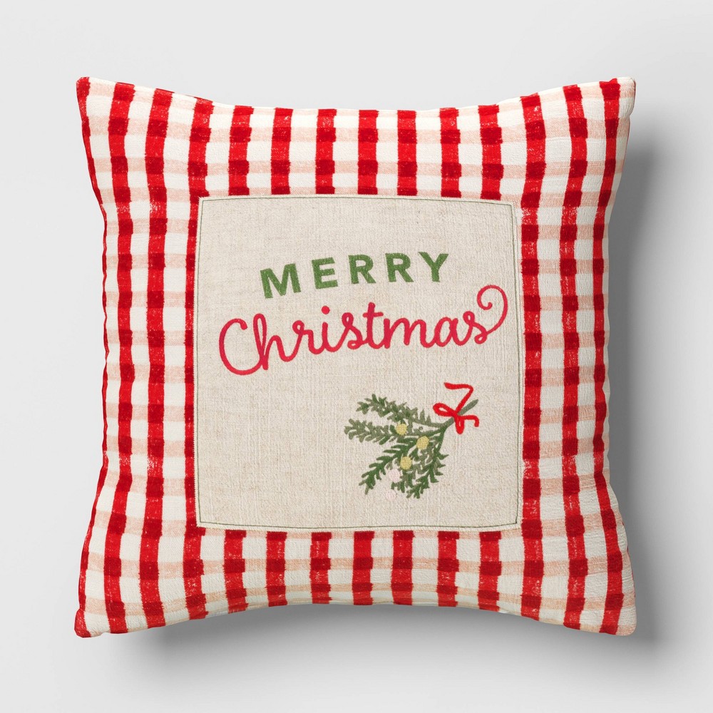 Embroidered 'Merry Christmas' Gingham Square Christmas Throw 18”x18” Pillow Red/White - Threshold