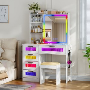 Vlsrka Vanity Desk with Sliding Mirror and LED Lights, RGB Vanity with Charging Station - 1 of 3