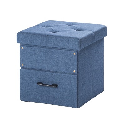 Image of 15" Cube Stockbox Collapsible Ottoman with Storage Drawer Blue - Mellow: Upholstered Footrest, Polyester Bench
