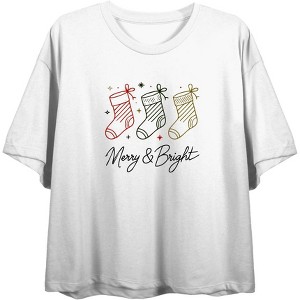 Merry & Bright Christmas Stocking Line Art  Women's Crew Neck Short Sleeve Crop Tee - 1 of 3
