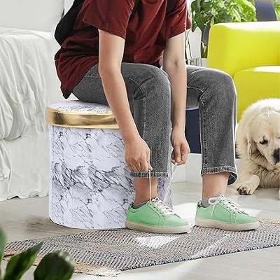 Marble White Round Storage Ottoman with Gold Lid