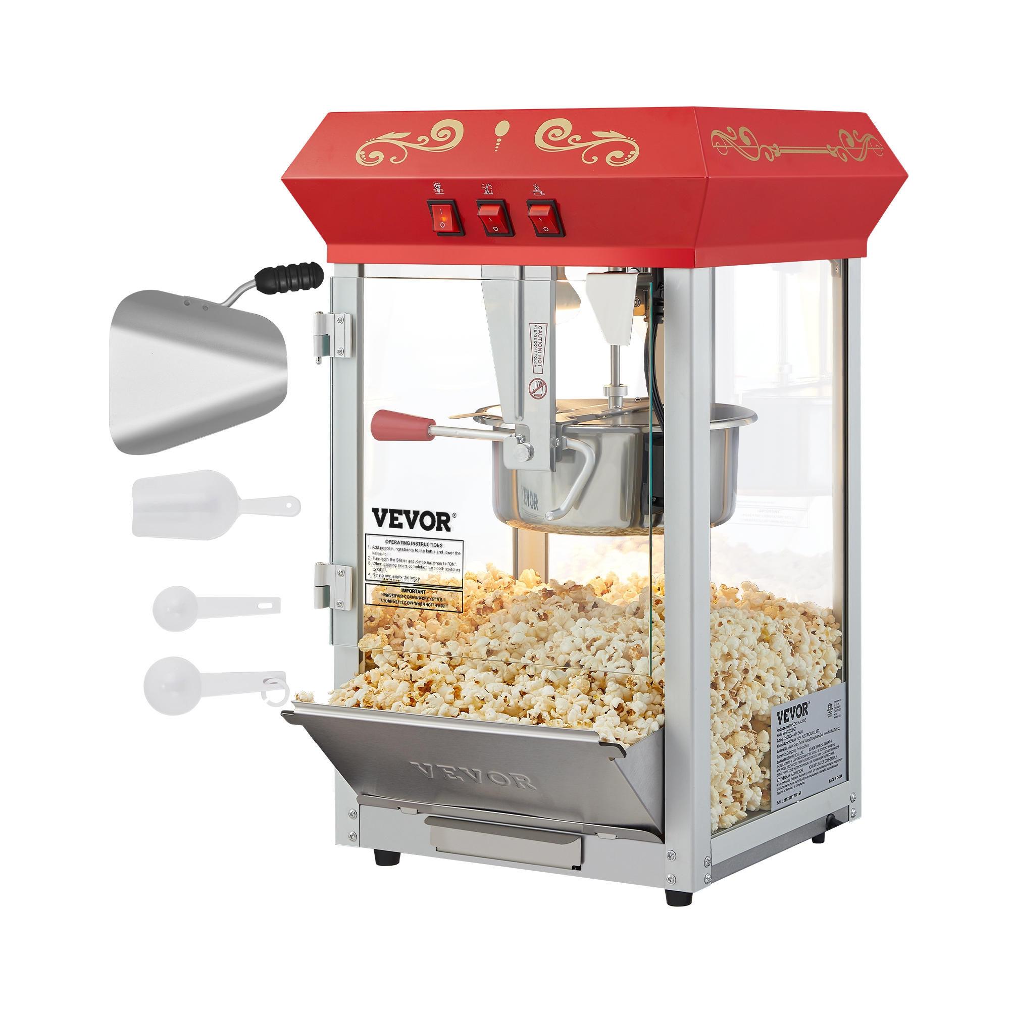 VEVOR Popcorn Maker, 850W Popcorn Popper Machine, 8 Oz Kettle Makes 48 Cups per Batch, Countertop Popcorn Maker with Tempered Glass, Includes 4 Scoops