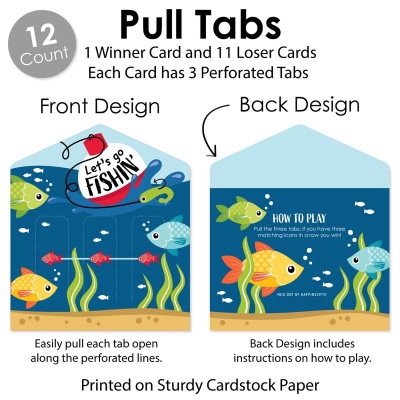 Big Dot of Happiness Let's Go Fishing - Fish Themed Birthday Party or Baby Shower Game Pickle Cards - Pull Tabs 3-in-a-Row - Set of 12, 5 of 7