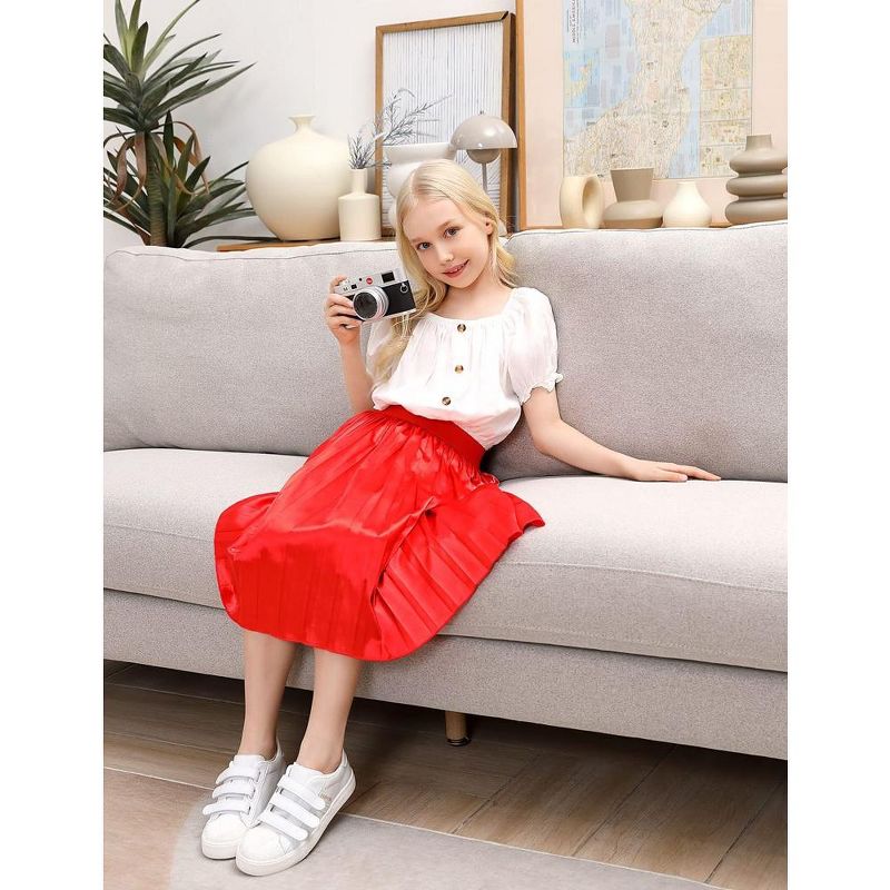 Kids Solid Pleated Skirt Below the Knee Girls Satin Skirts, 3 of 7