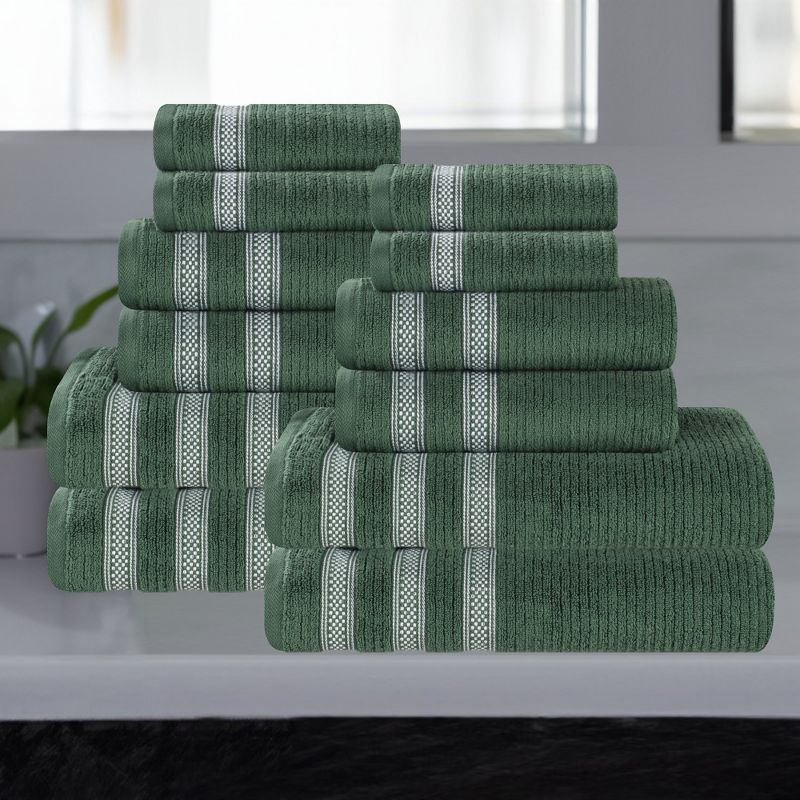 Zero Twist Cotton Ribbed Modern Geometric Border Assorted 12 Piece Bathroom Towel Set by Blue Nile Mills, 2 of 9