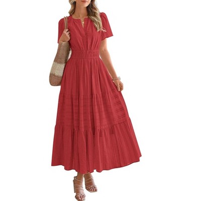Coolmee Women Summer Maxi Dress Casual V Neck Short Sleeve Smocked Dresses Ruffle Tiered Hem Beach Party Long Flowy Sundresses