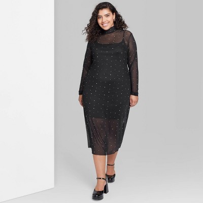 Plus Size Rhinestone Mesh Long Sleeve Dress