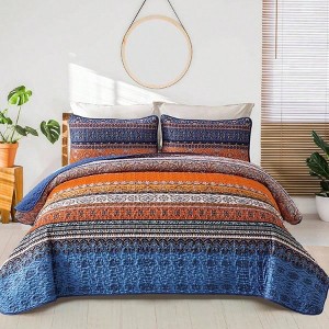 Boho Fall Queen Quilt Set, Blue and Orange Bohemian, Lightweight Microfiber Bedspread 96x90 3 Pieces - 1 of 4