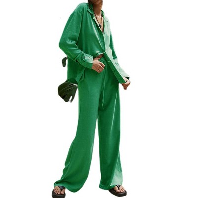 WhizMax Women's Casual 2 Piece Outfits Wide Leg Pants Sets Long Sleeve Button Down Shirt lounge sets Leisure Wear