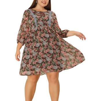 Agnes Orinda Women's Plus Size 3/4 Sleeves Babydoll Crew Neck Lace Floral Flare Retro Dress