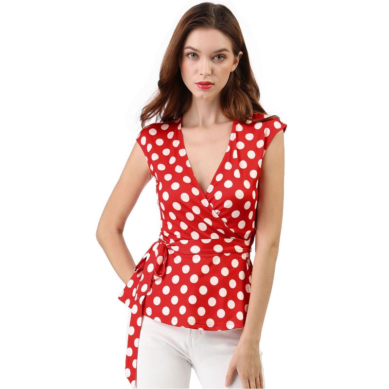 Allegra K Women's V Neck Sleeveless Self Tie Wrap Front Dotted Top, 4 of 8
