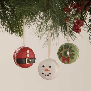 Holiday Ornament 2.0 Inch Christmas Macaron , Snowman Santa Wreath (3PC) - 1 of 4
